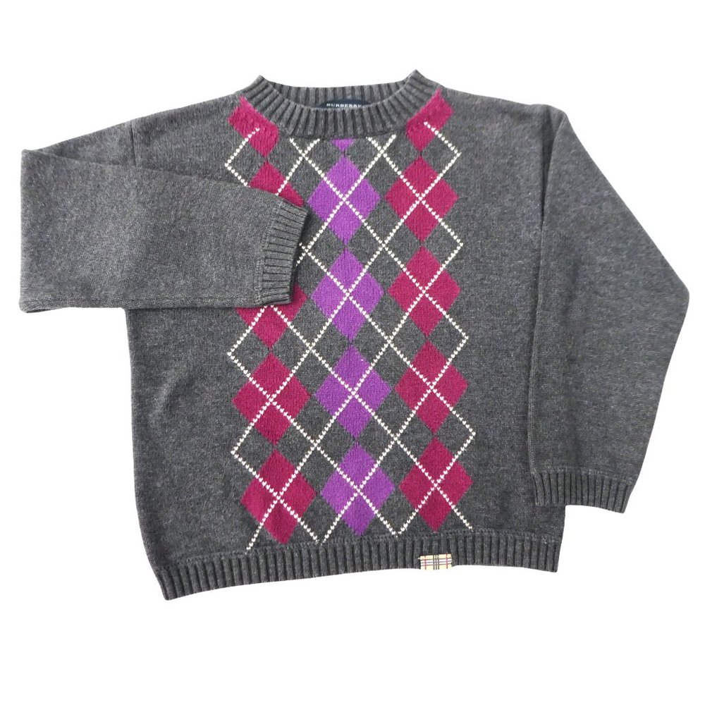 Burberry Kids Gray Argyle Cotton Knit Sweater Ribbed Crewneck Cuffs Waistband 5